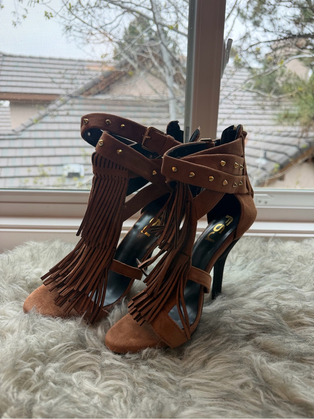 FSJ Brown Fringe Studded High Heel Sandals with Ankle Wrap